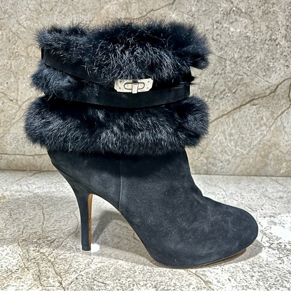 Coach Janeva Fur Trim Round Toe Ankle Boots Black Suede - Picture 1 of 10